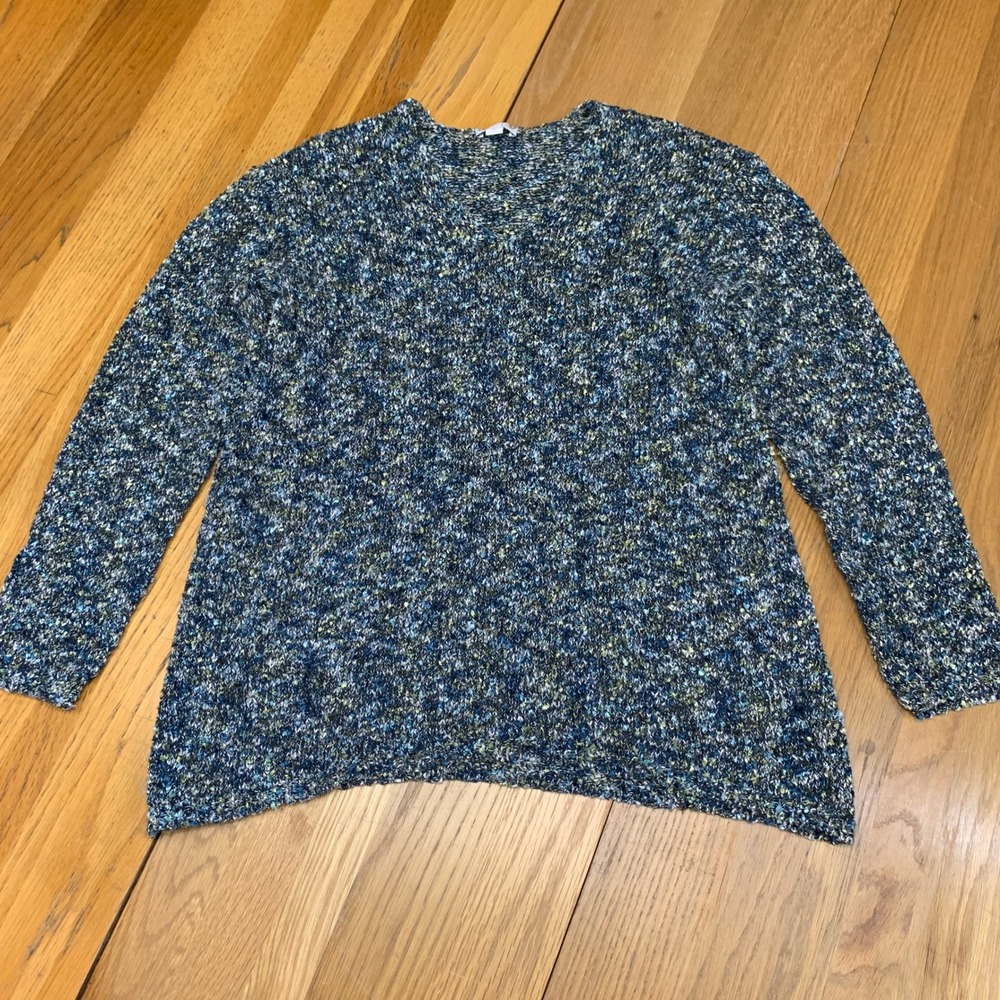 J. Jill Womens Blue Green Marled Textured Knit V-Neck Sweater Small Cotton Blend
